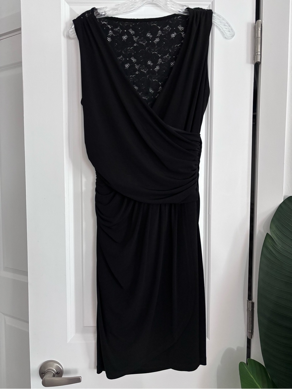 Saint Tropez West Black Faux Wrap Dress Lace Back Ruched  Size 6